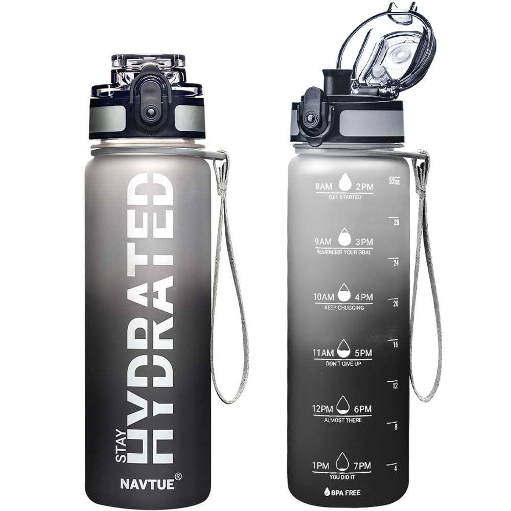 Water Bottle, 16OZ/ 500ML Sports Water Bottles with Time Marker Wide Mouth, Motivational and Leakproof Drink Bottle, BPA Free Tritan with Carry Strap for Gym Fitness Outdoor(1 Bottle)