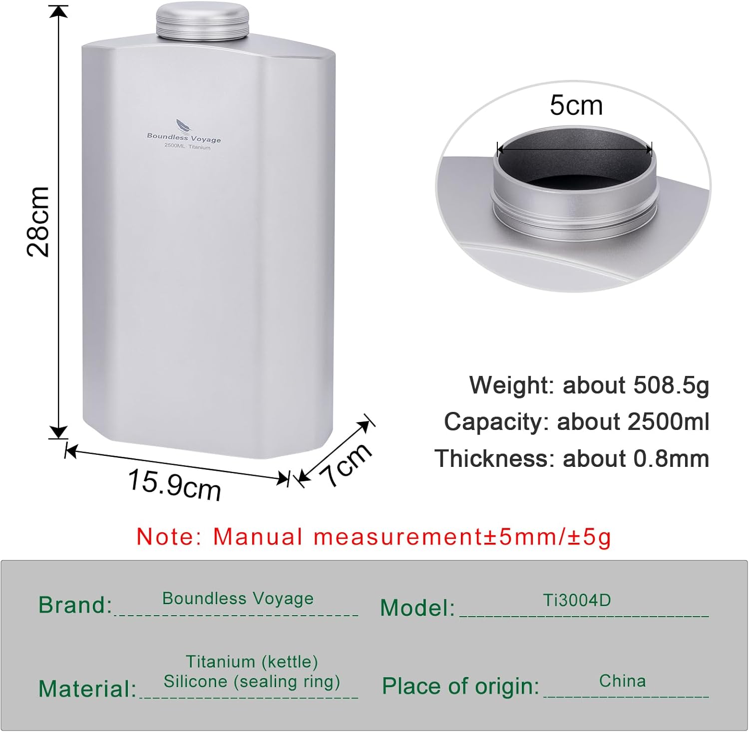 Boundless Voyage Titanium Water Bottle 84.55oz Big Capacity Sports Hydration Flask Drinking Bottle Water Jug for Gym, Fitness, Camping ti3004d