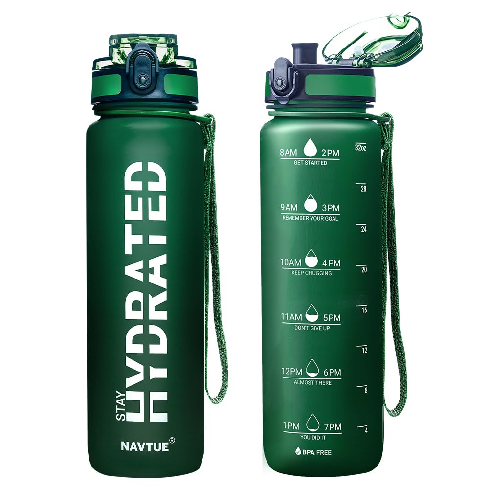 Water Bottle, 32oz Sports Water Bottles with Time Marker Wide Mouth, Motivational and Leakproof Drink Bottle, BPA Free Tritan with Carry Strap for Gym Fitness Outdoor (Direct Drink 1 Bottle)