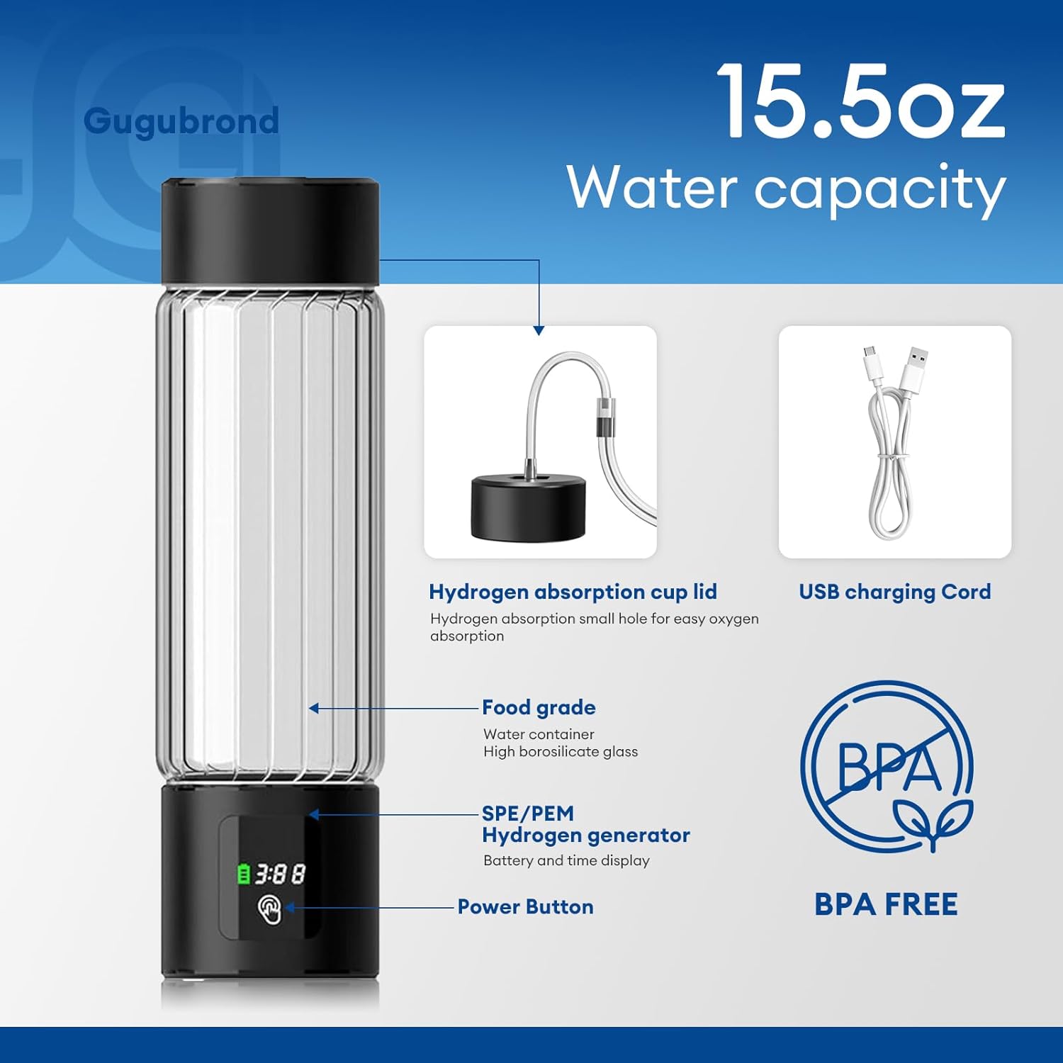 2025 Hydrogen Water Bottle Generator – 460ml Portable Hydrogen-Rich Water Maker, LED Display, 5-Min Fast 3000PPB, Rechargeable SPE/PEM Tech for Home, Office, Travel, Fitness