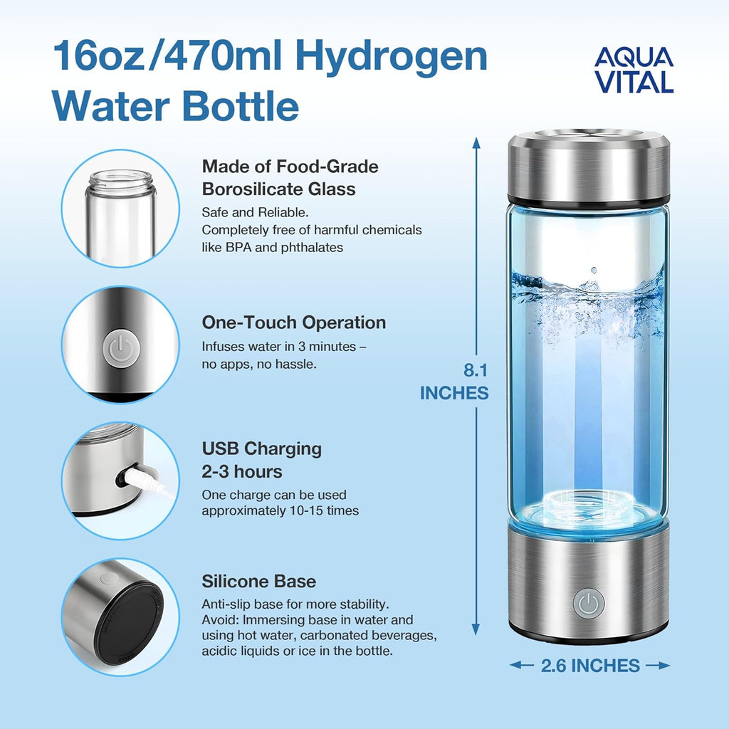 Aqua Vital Hydrogen Water Bottle 2025 Generator 16 oz/470 ml SPE-PEM Ionized H₂ Hydration Bottle USB-C Rechargeable Glass Flask with Auto Shut-Off Portable Sports & Travel Hydrogenated Water Machine