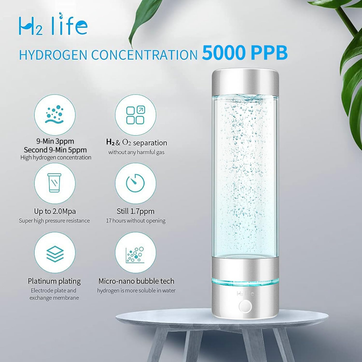 Hydrogen Sport Water Bottle, Professional Hydrogen-Rich Water Generator with SPE and PEM, 320ml 5000PPB Dual Mode Hydrogen Water Maker ionized for Travel Hiking Swimming