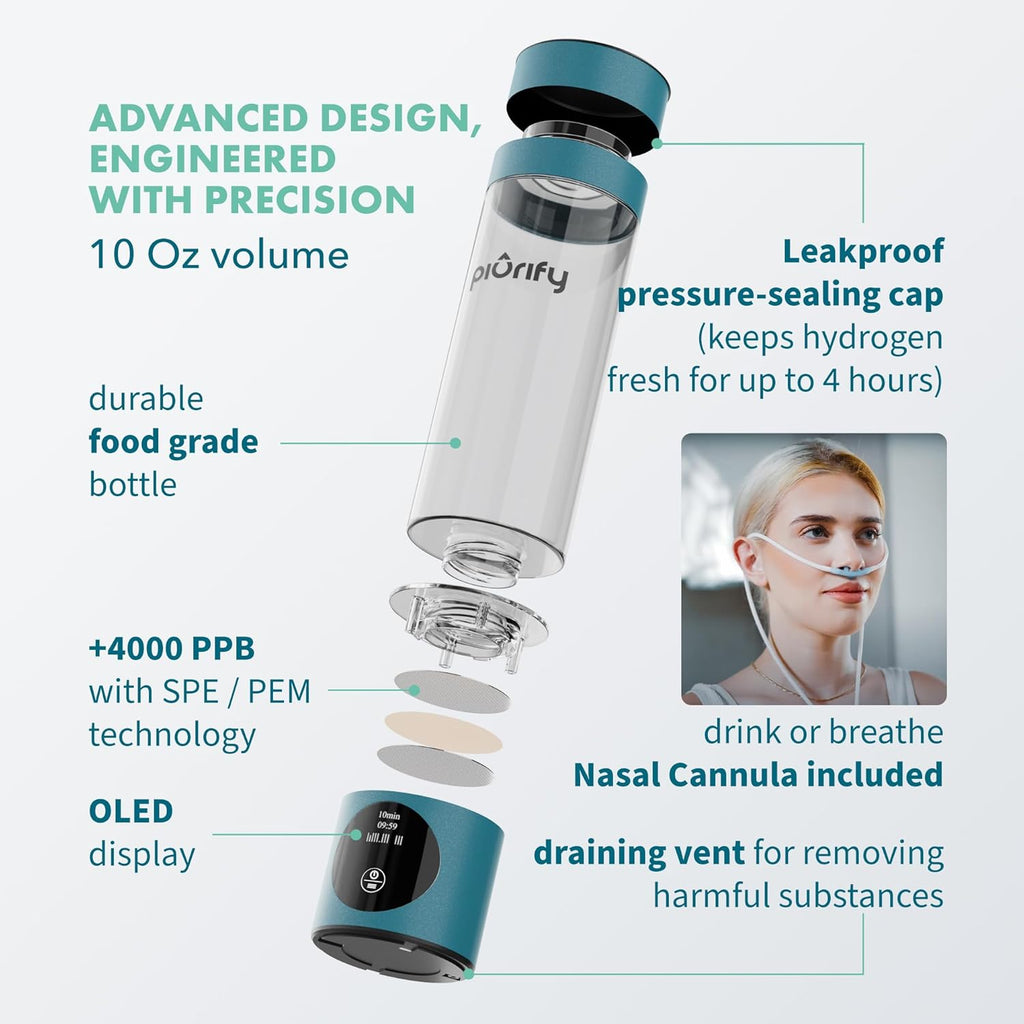 Hydrogen Water Bottle Generator - Up to 4100+ PPB Concentration - SPE/PEM Technology - Certified H2 Generator - Portable Athletic Performance & Hydration System - 6-Hour Hydrogen Retention