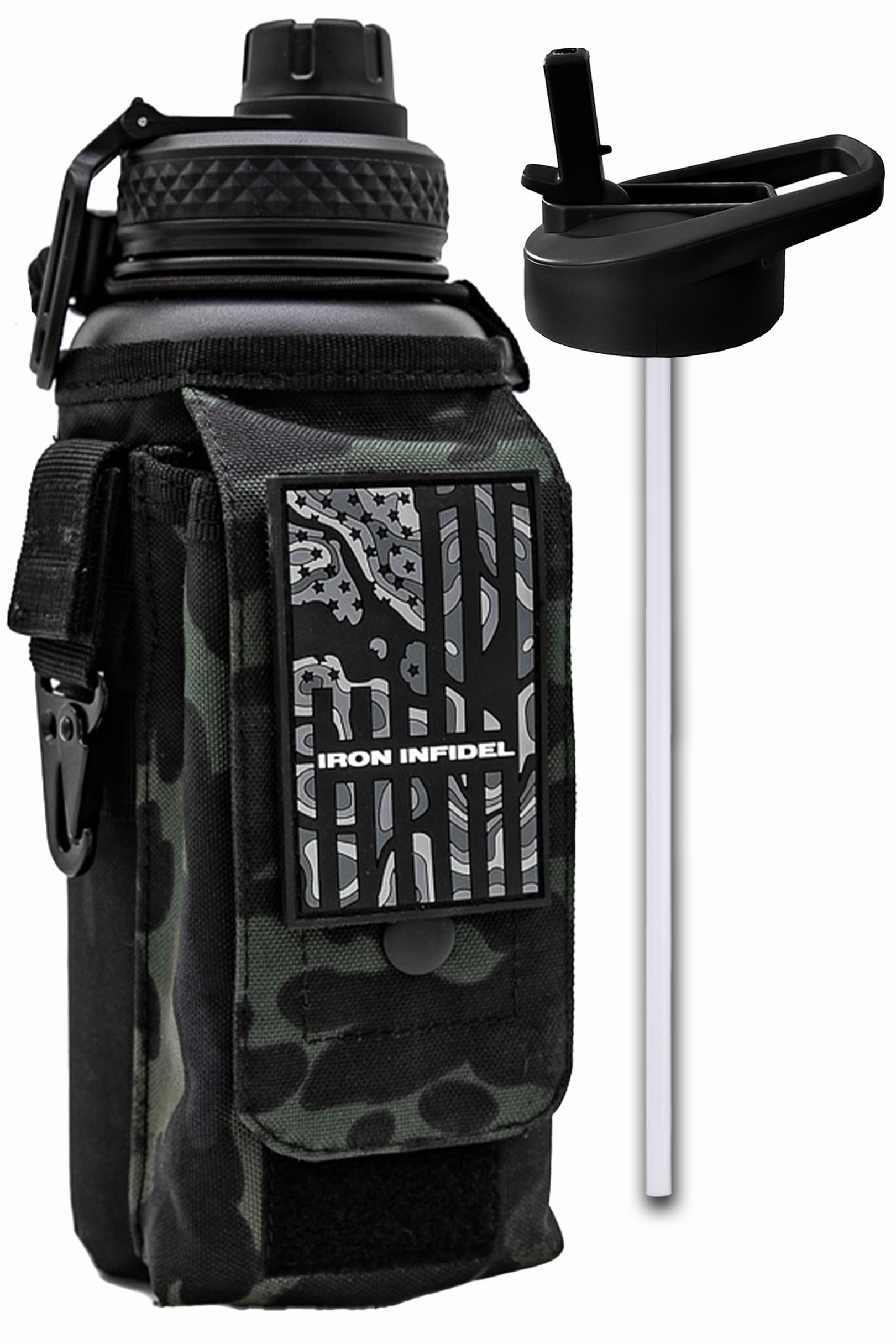 Iron Infidel Battle Bottle - One Gallon Insulated Water Bottle with Dual Carry Handles - 128 oz Tactical Stainless Steel Water Jug & Rugged Extra Large Sleeve with Storage (Black Camo 128 Ounces)