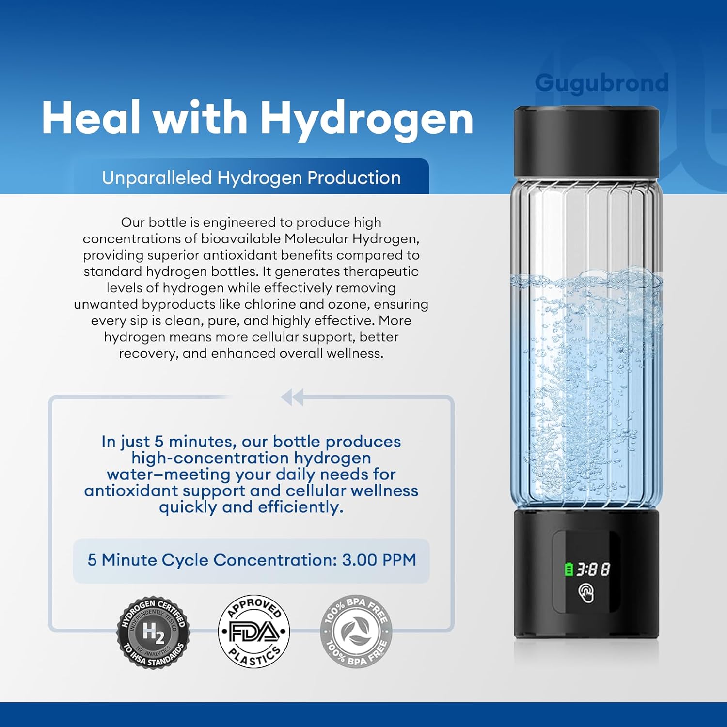 2025 Hydrogen Water Bottle Generator – 460ml Portable Hydrogen-Rich Water Maker, LED Display, 5-Min Fast 3000PPB, Rechargeable SPE/PEM Tech for Home, Office, Travel, Fitness