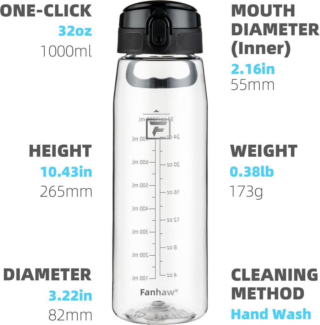 Fanhaw 32 oz Tritan Water Bottle with Chug Lid - Clear, BPA-Free, Lightweight, Wide Mouth, Leak-Proof, Perfect for Gym, Travel, School, Office, and Sports (Clear & Black)