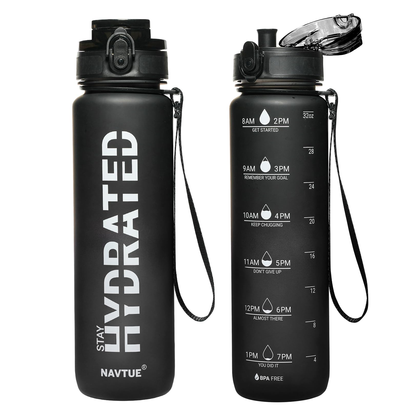 Water Bottle, 16OZ/ 500ML Sports Water Bottles with Time Marker Wide Mouth, Motivational and Leakproof Drink Bottle, BPA Free Tritan with Carry Strap for Gym Fitness Outdoor(1 Bottle)