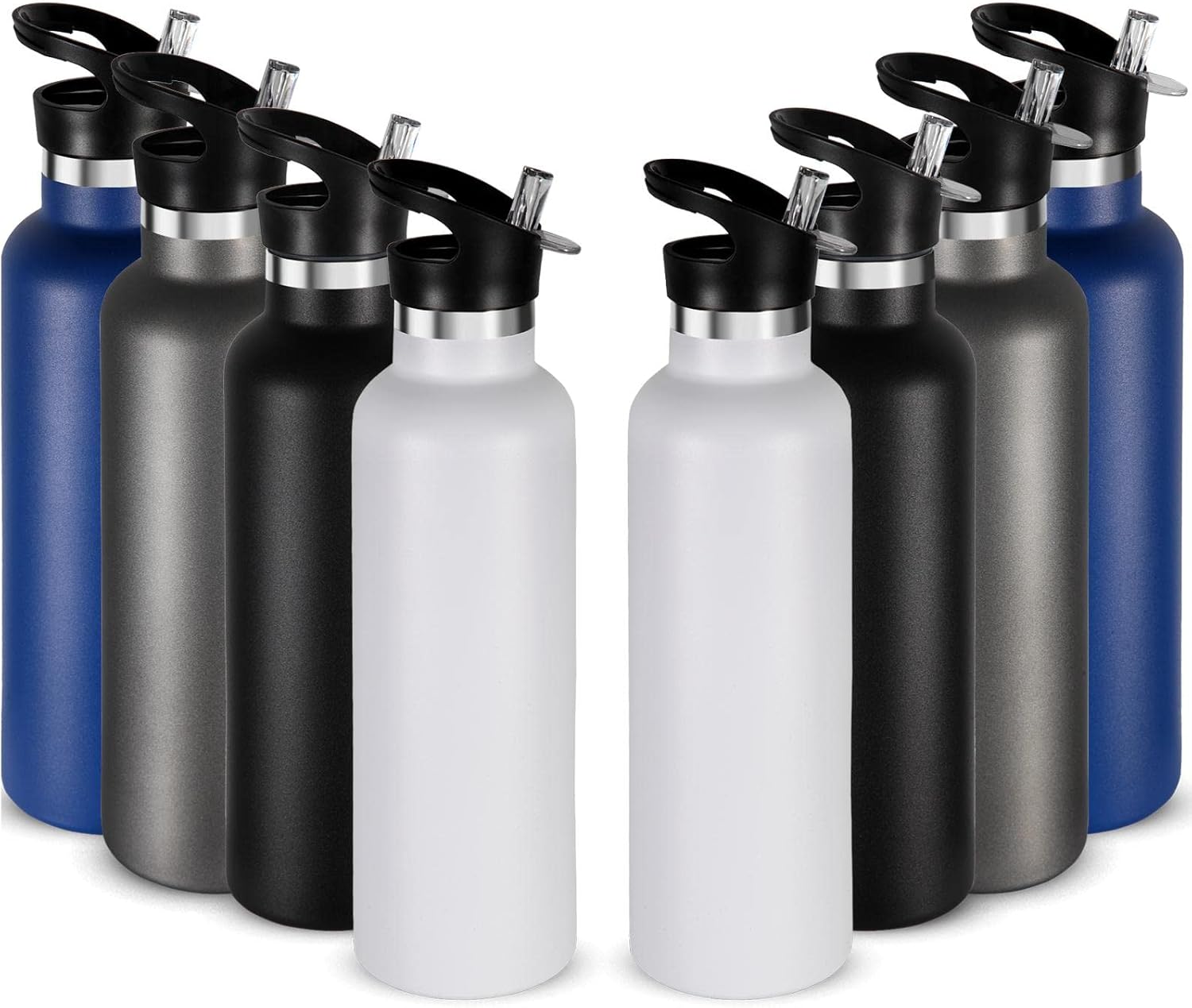 Neihepal 24oz Insulated Water Bottles Bulk 8 Pack,Stainless Steel Double Wall Sport Bottle with Straw Lid,Metal Cup Reusable Thermoses with Hand Cap for School,Cyclists,Hikers,Gift(Mix Color,8 Count)