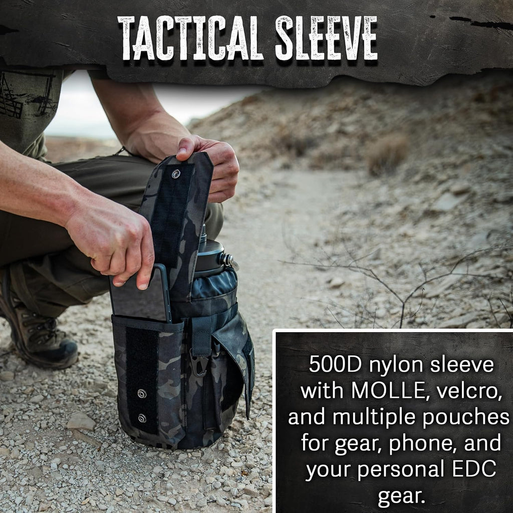 Iron Infidel Battle Bottle - One Gallon Insulated Water Bottle with Dual Carry Handles - 128 oz Tactical Stainless Steel Water Jug & Rugged Extra Large Sleeve with Storage (Black Camo 128 Ounces)