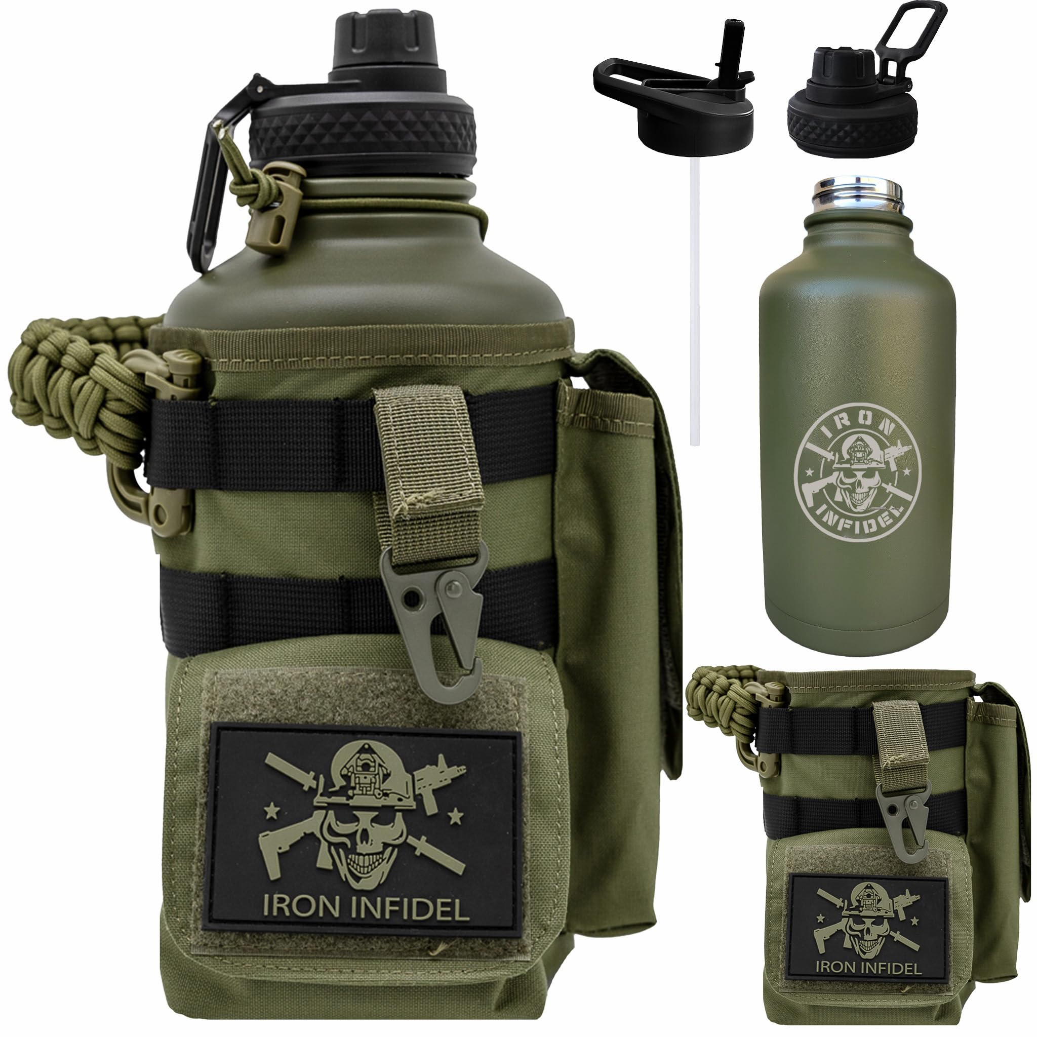 Iron Infidel Battle Bottle - One Gallon Insulated Water Bottle with Dual Carry Handles - 128 oz Tactical Stainless Steel Water Jug & Rugged Extra Large Sleeve with Storage (Black Camo 128 Ounces)