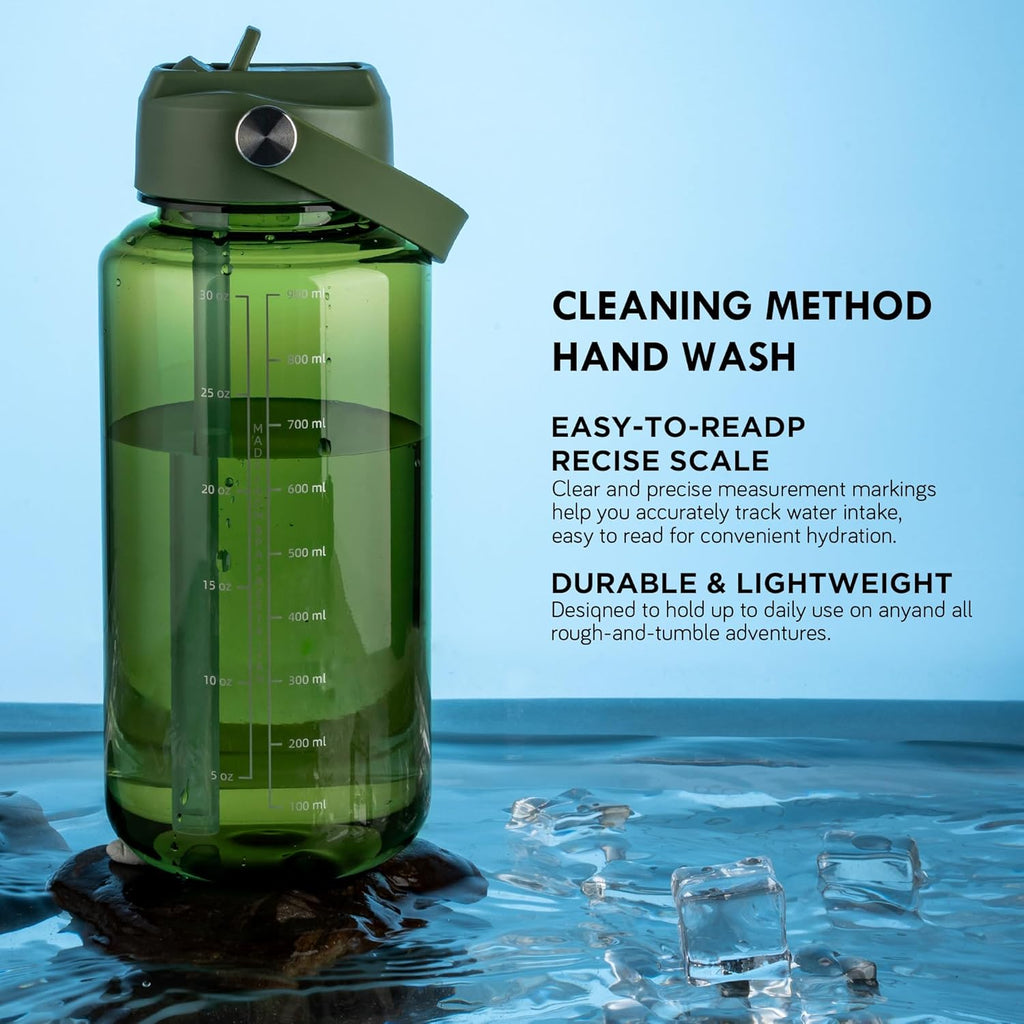 OLDLEY 32 oz Clear Water Bottle with Straw,Tritan BPA-Free, Wide Mouth, Leak Proof - for Gym, Travel, Home, School, Office (Army Green)