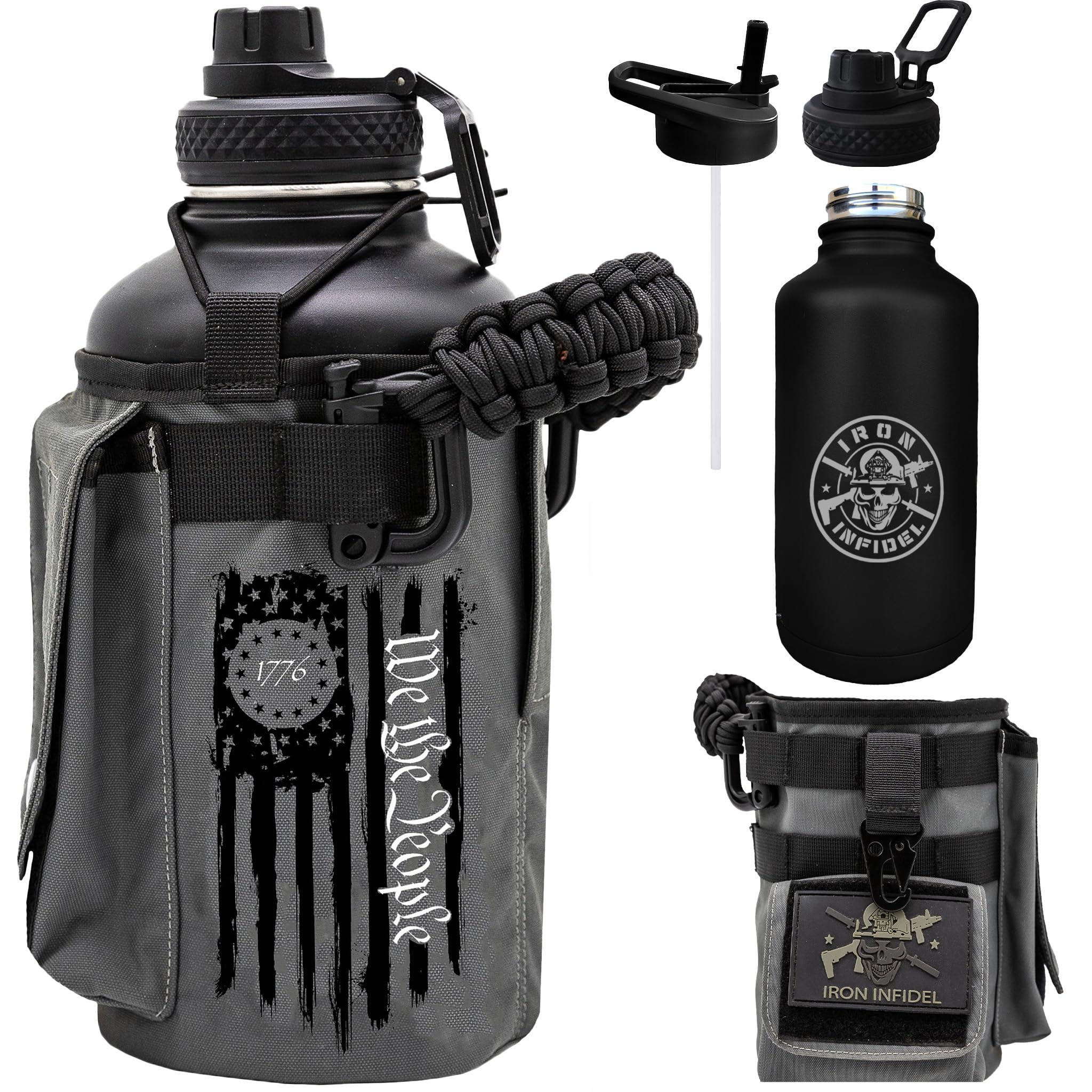 Iron Infidel Battle Bottle - One Gallon Insulated Water Bottle with Dual Carry Handles - 128 oz Tactical Stainless Steel Water Jug & Rugged Extra Large Sleeve with Storage (Black Camo 128 Ounces)