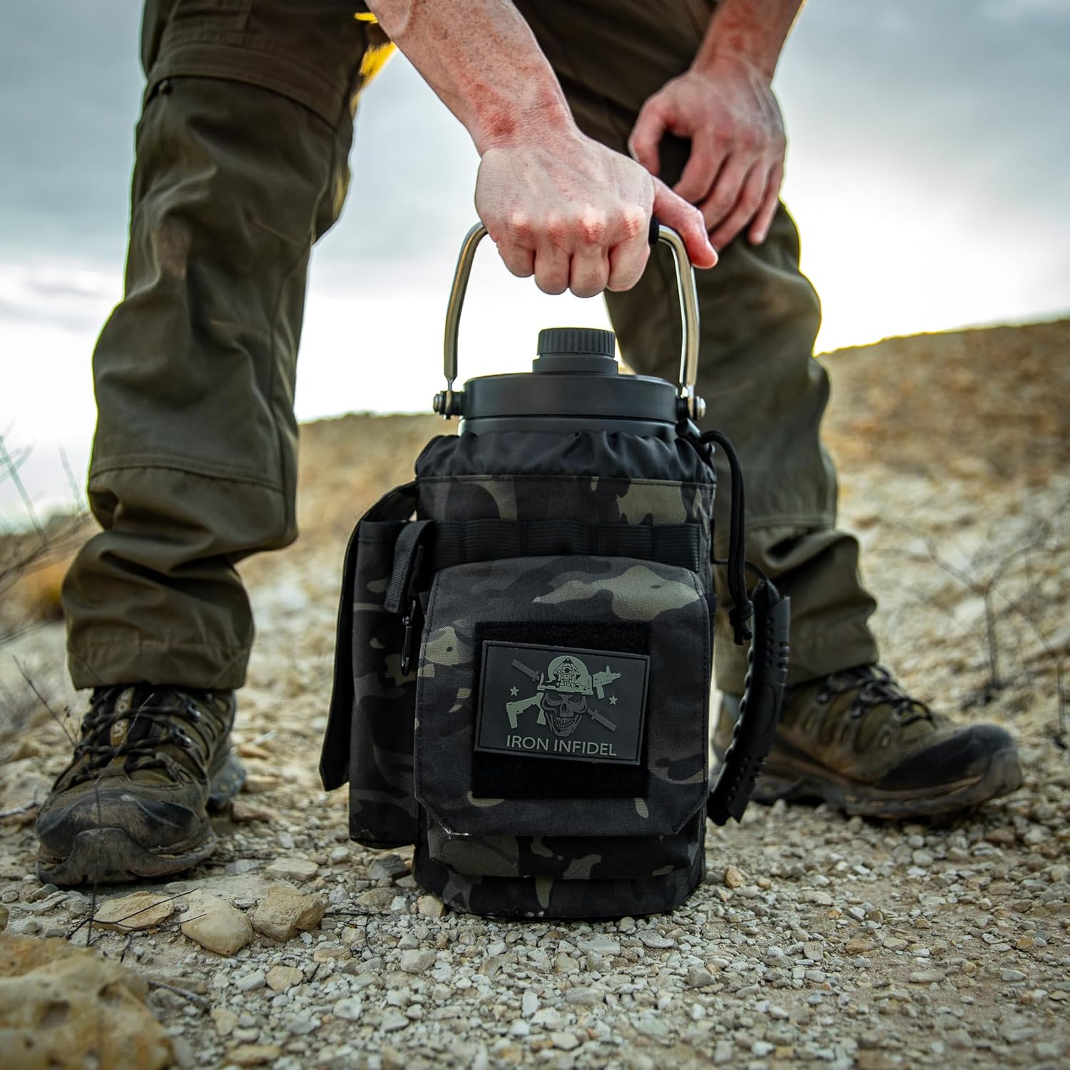 Iron Infidel Battle Bottle - One Gallon Insulated Water Bottle with Dual Carry Handles - 128 oz Tactical Stainless Steel Water Jug & Rugged Extra Large Sleeve with Storage (Black Camo 128 Ounces)
