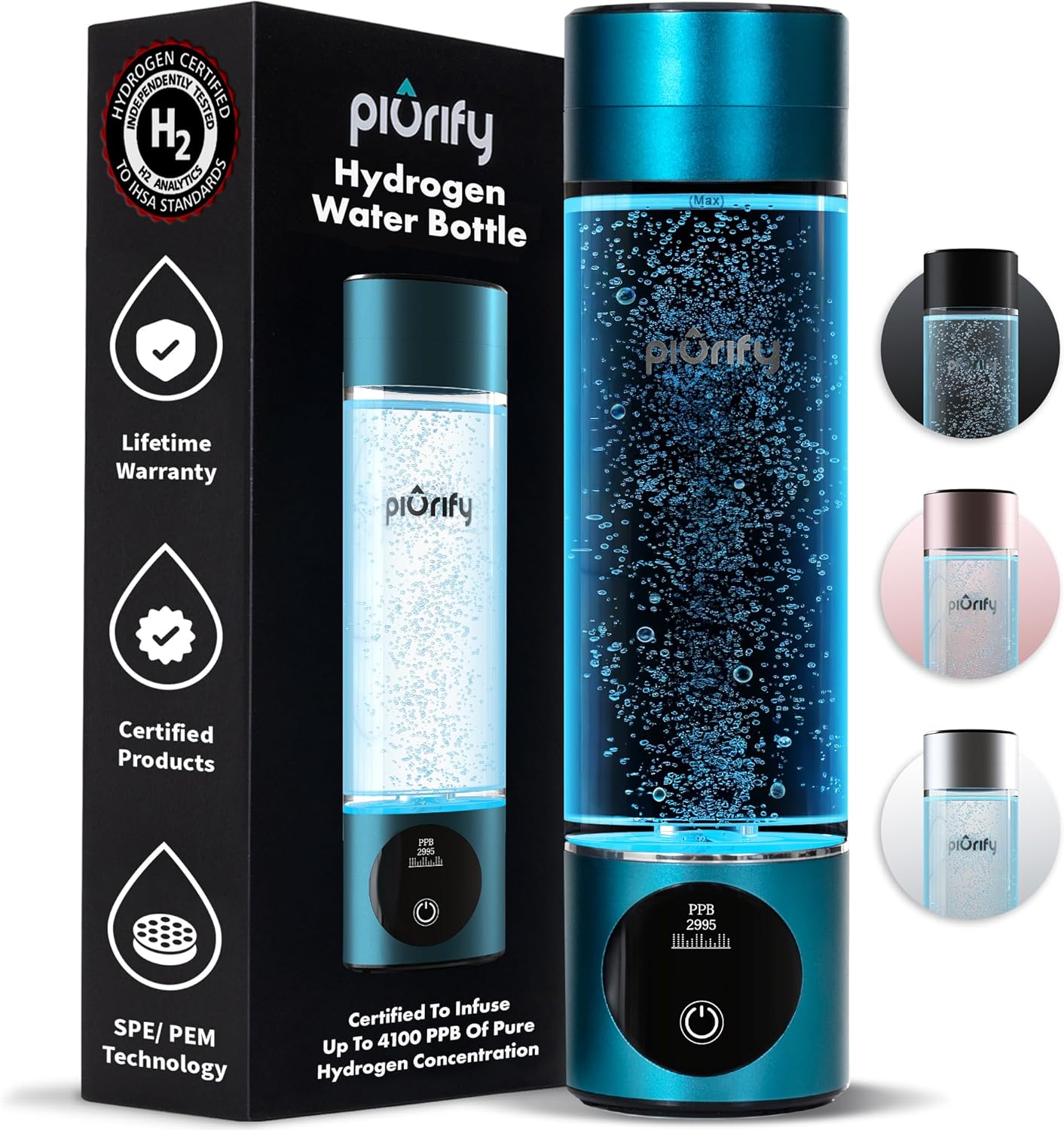 Hydrogen Water Bottle Generator - Up to 4100+ PPB Concentration - SPE/PEM Technology - Certified H2 Generator - Portable Athletic Performance & Hydration System - 6-Hour Hydrogen Retention