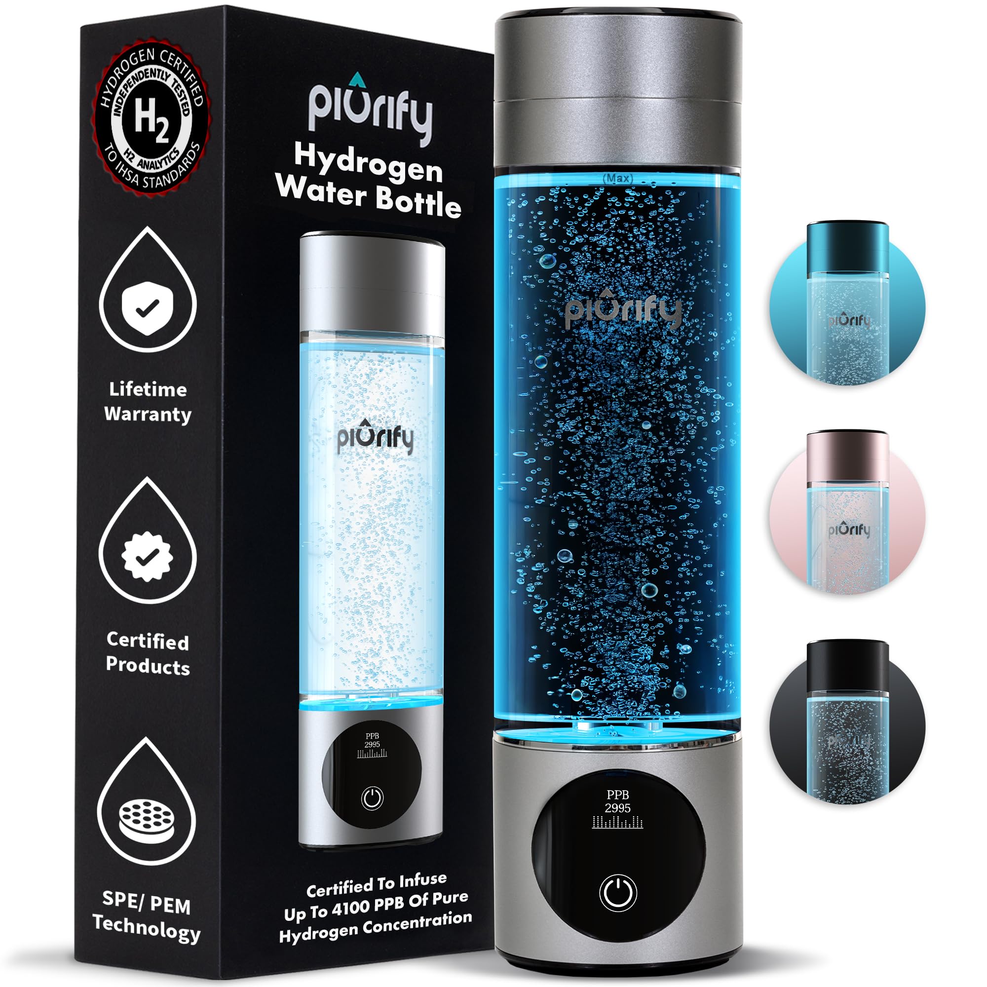 Hydrogen Water Bottle Generator - Up to 4100+ PPB Concentration - SPE/PEM Technology - Certified H2 Generator - Portable Athletic Performance & Hydration System - 6-Hour Hydrogen Retention