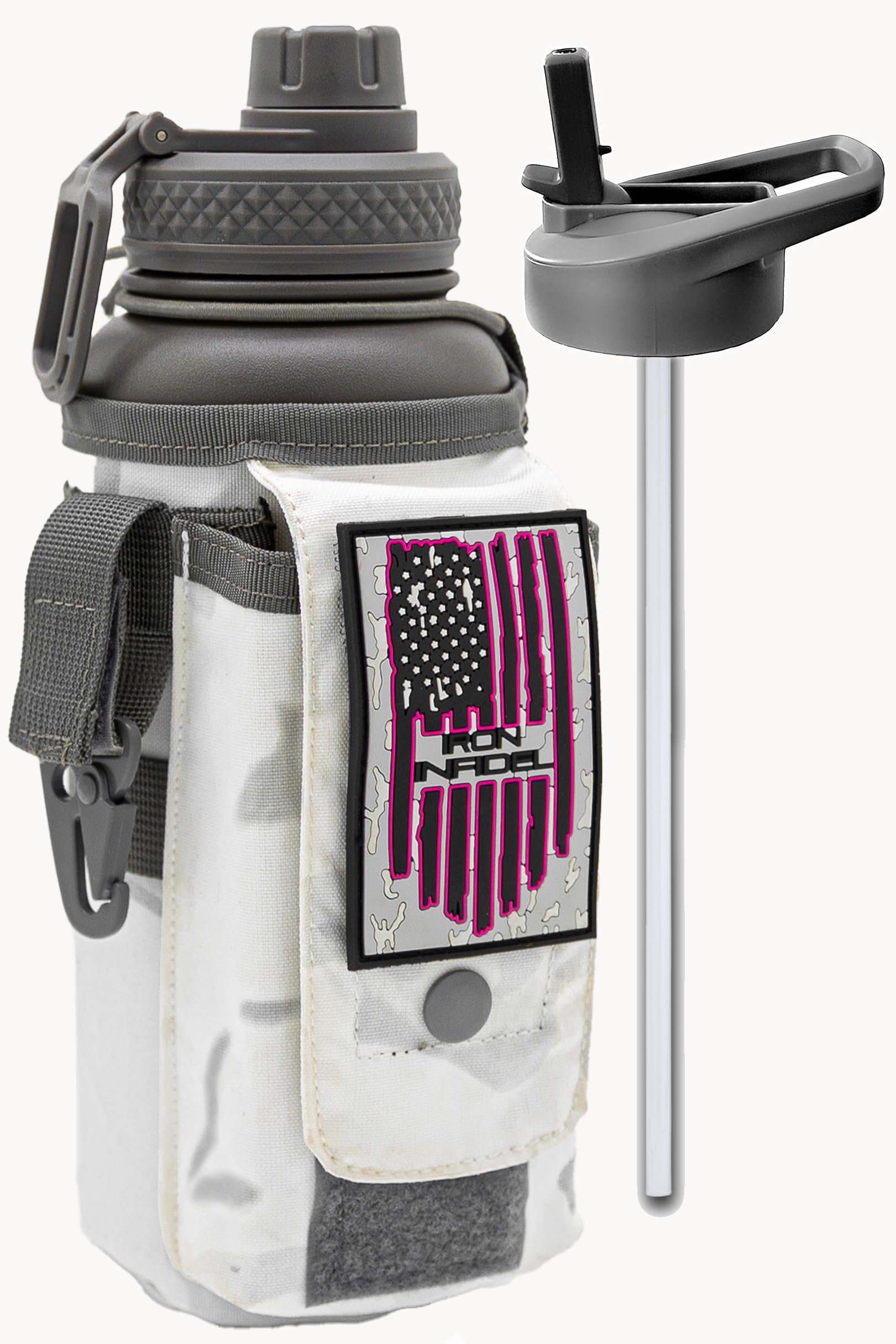 Iron Infidel Battle Bottle - One Gallon Insulated Water Bottle with Dual Carry Handles - 128 oz Tactical Stainless Steel Water Jug & Rugged Extra Large Sleeve with Storage (Black Camo 128 Ounces)