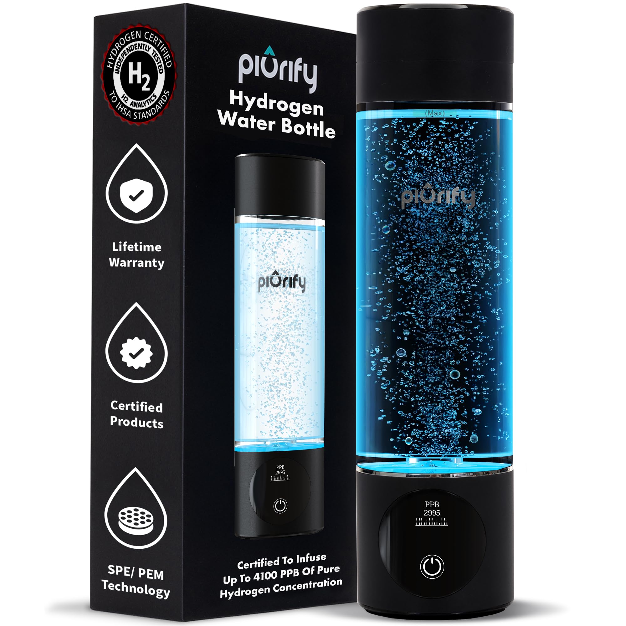 Hydrogen Water Bottle Generator - Up to 4100+ PPB Concentration - SPE/PEM Technology - Certified H2 Generator - Portable Athletic Performance & Hydration System - 6-Hour Hydrogen Retention