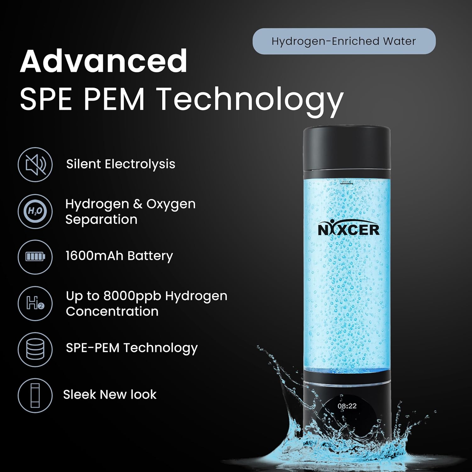 Hydrogen Pro Water Bottle – 8000PPB H2, SPE/PEM, OLED Display, Dual Mode (5/10 Min), USB-C Rechargeable – Portable Hydrogen Generator for Wellness, Recovery, Gym & Gift (Black)