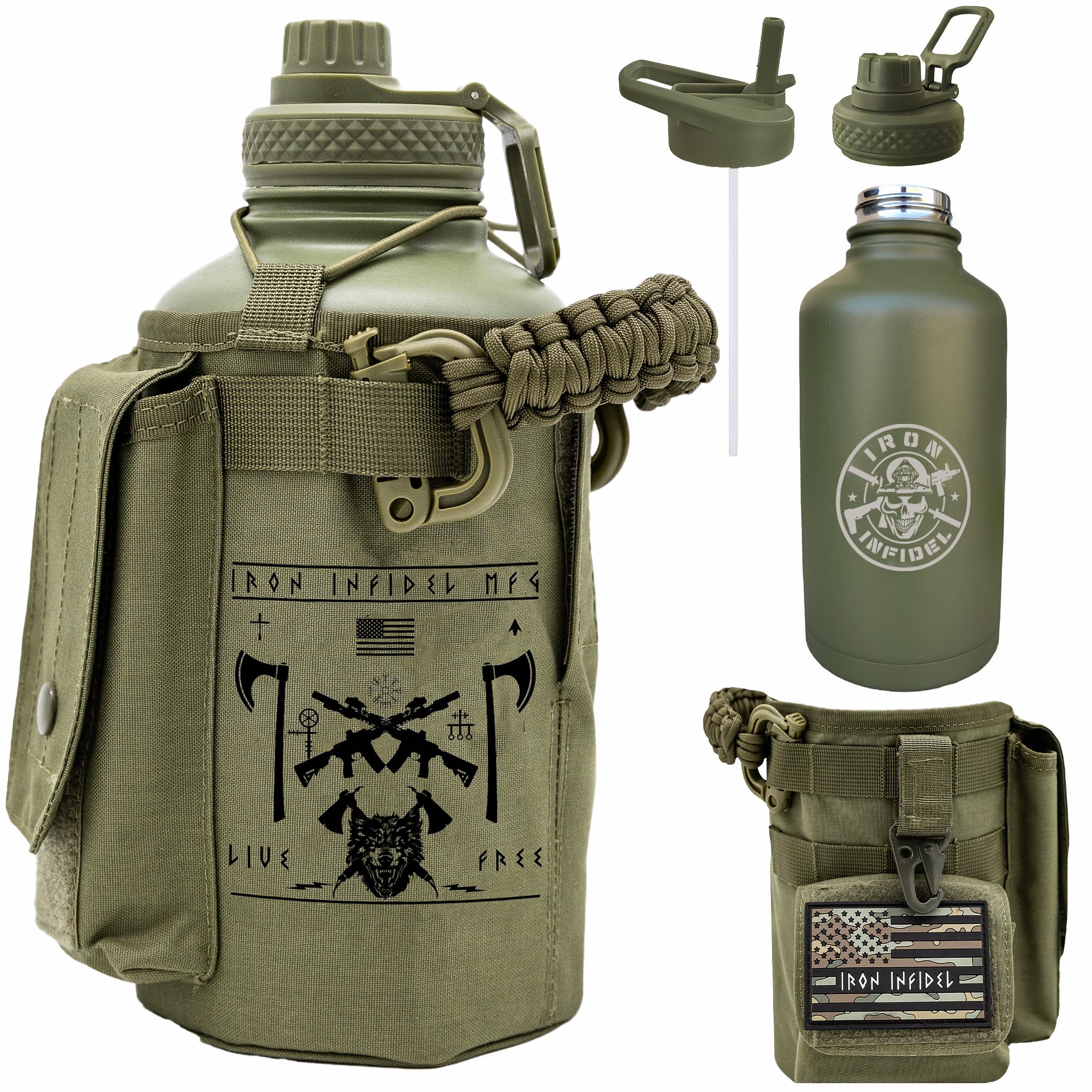 Iron Infidel Battle Bottle - One Gallon Insulated Water Bottle with Dual Carry Handles - 128 oz Tactical Stainless Steel Water Jug & Rugged Extra Large Sleeve with Storage (Black Camo 128 Ounces)